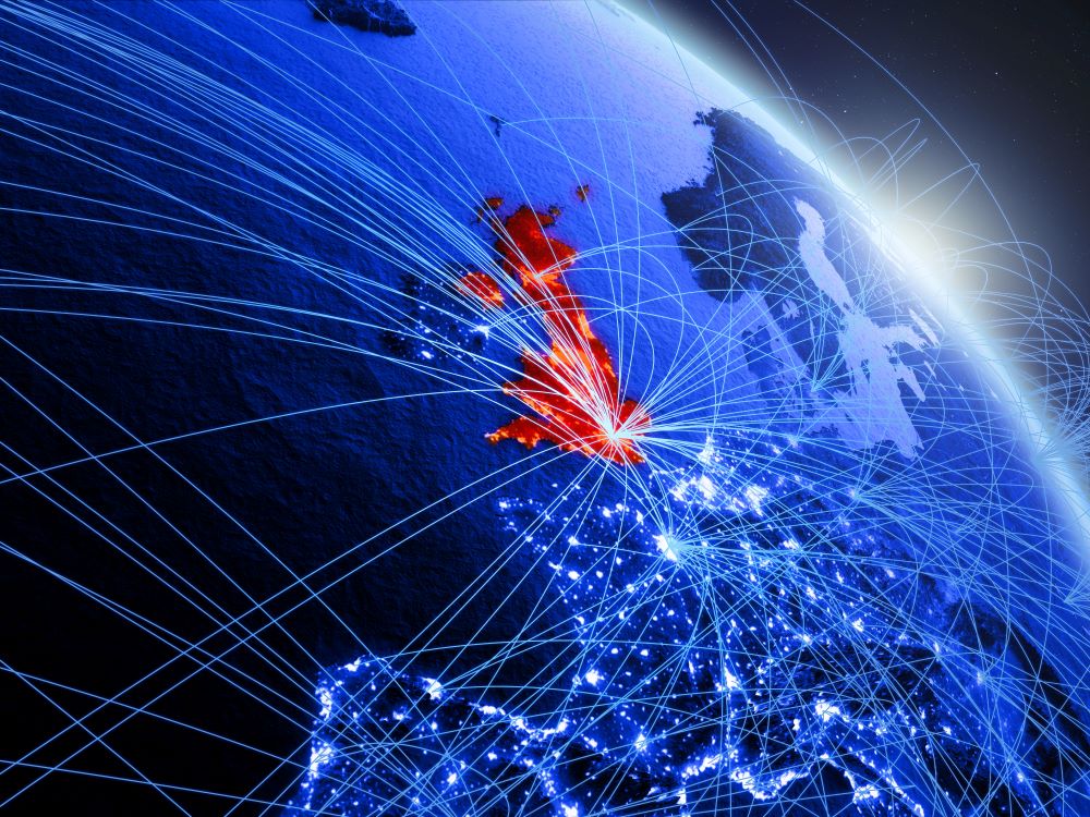 Global Britain with trade flows shown heading to different countries