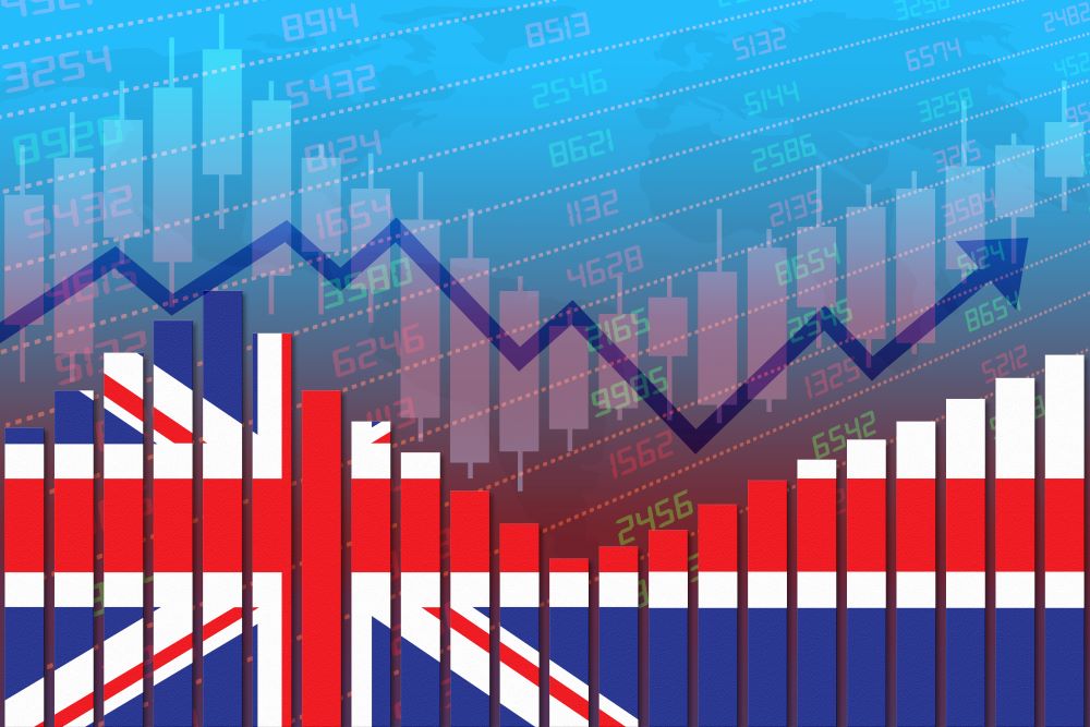 Chart showing rise and fall of economic data with British flag incorporated into bar-charts at bottom