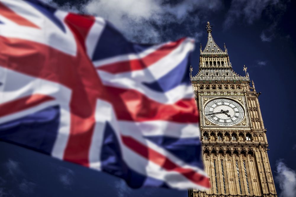 UK parliament with Union Jack unfurled 