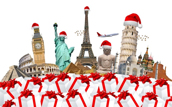 Landmarks wearing christmas hats with presents