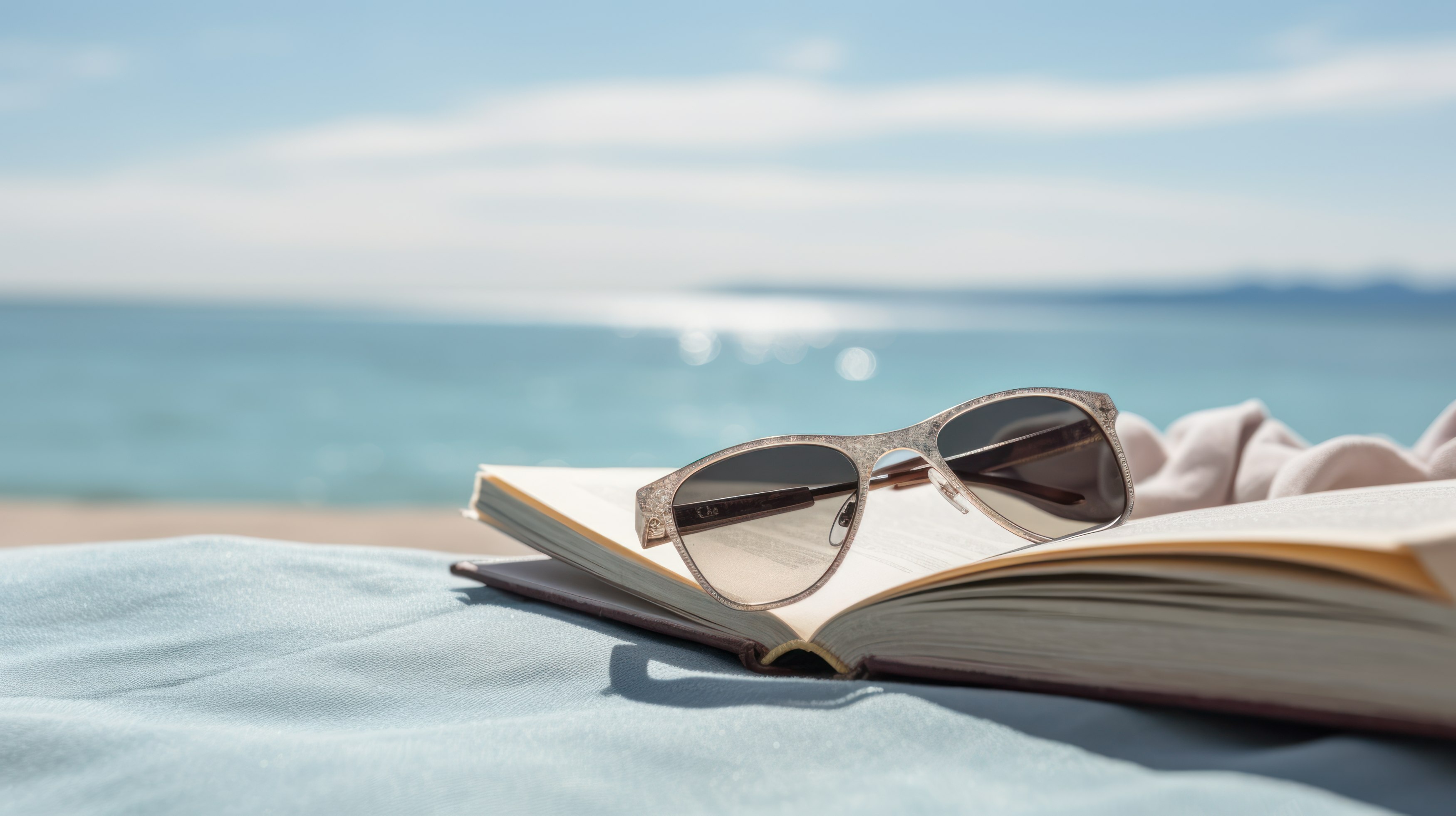 Books on beach with sunglasses