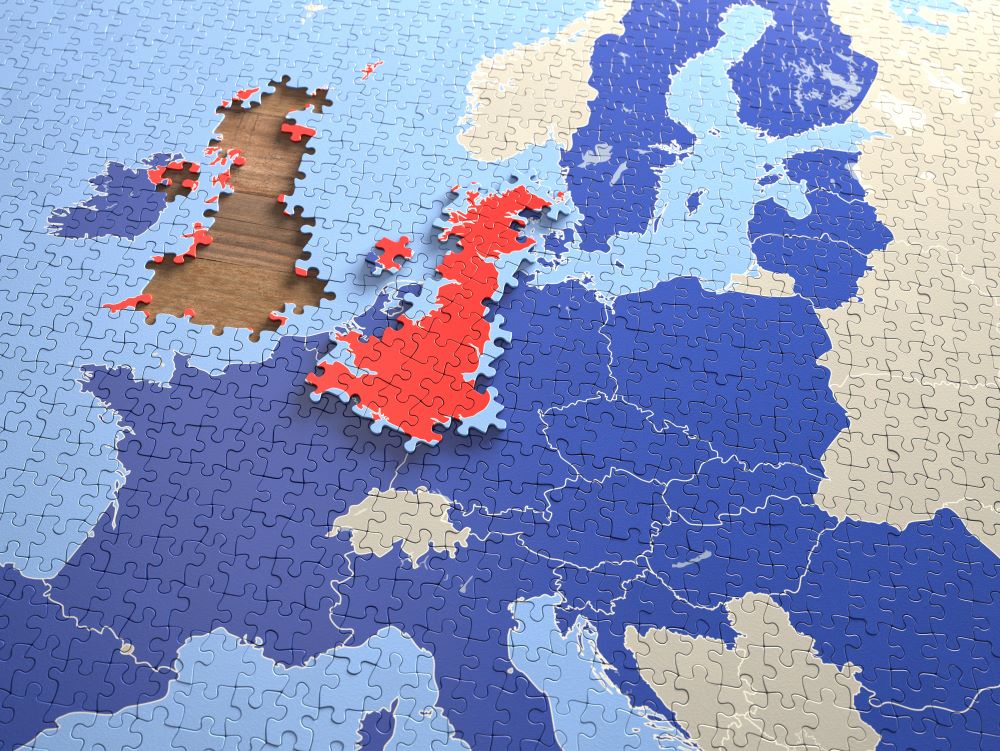 UK and EU in puzzle map with red Great Britain and Northern Ireland removed
