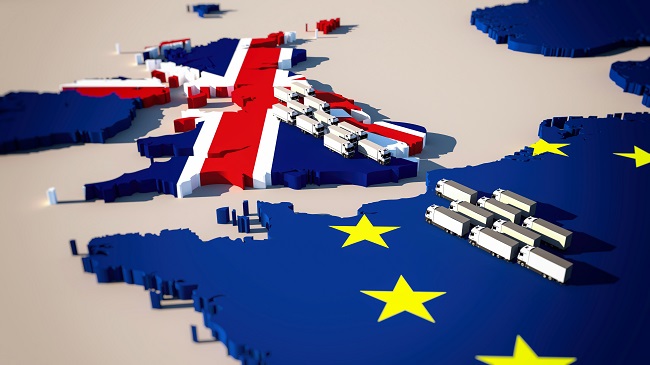 Freight containers on either side of the EU and UK borders