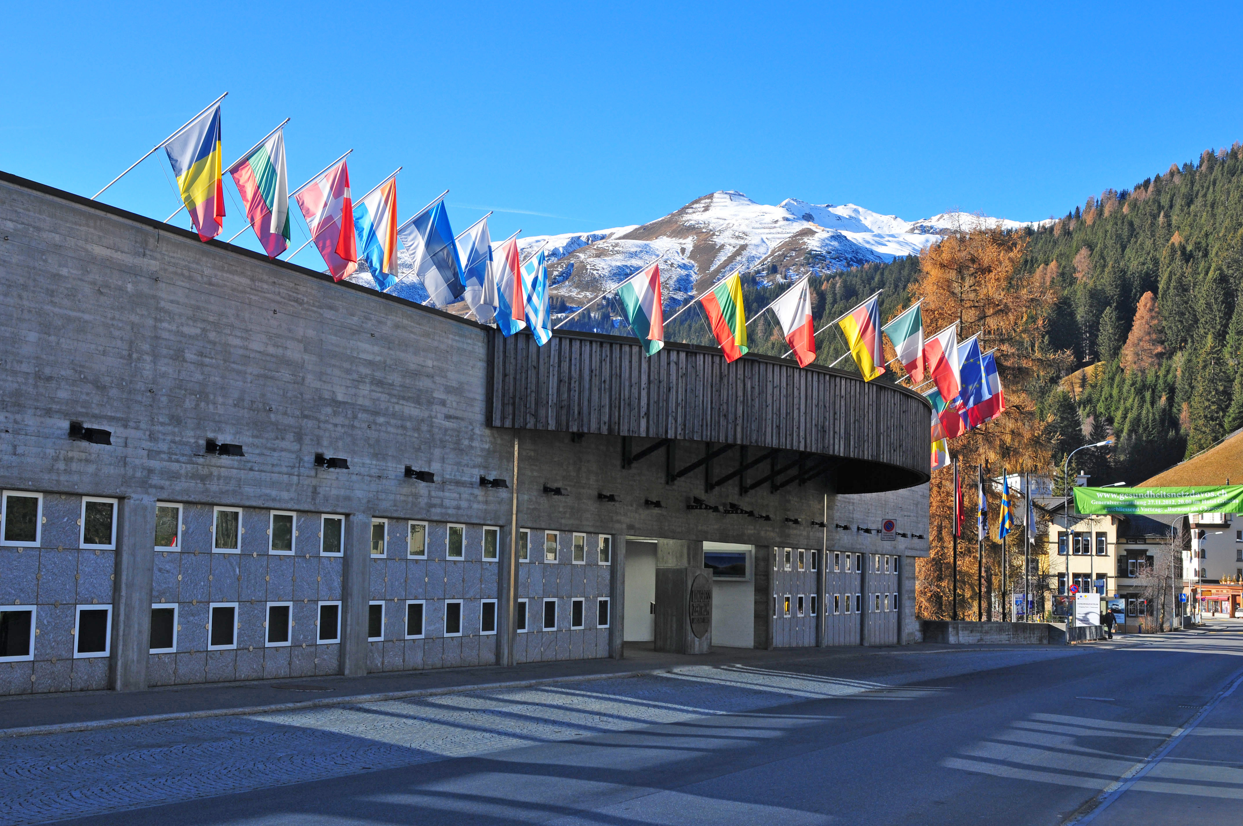 Congress Centre at Davos, Switzerland with flags